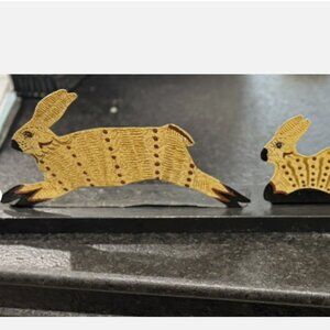 Vintage RARE Diana Mihaltse Folk Art Tin Rabbit Family Signed, Spring Easter